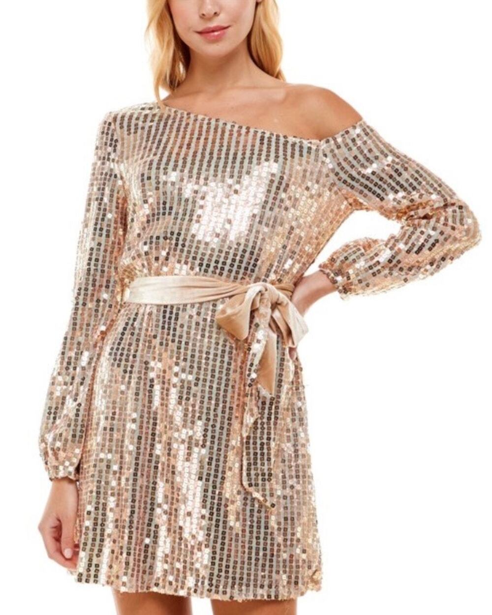 Trixxi Beige Gold Sequined Asymmetrical One Shoulder Mini Dress 0 NWOT